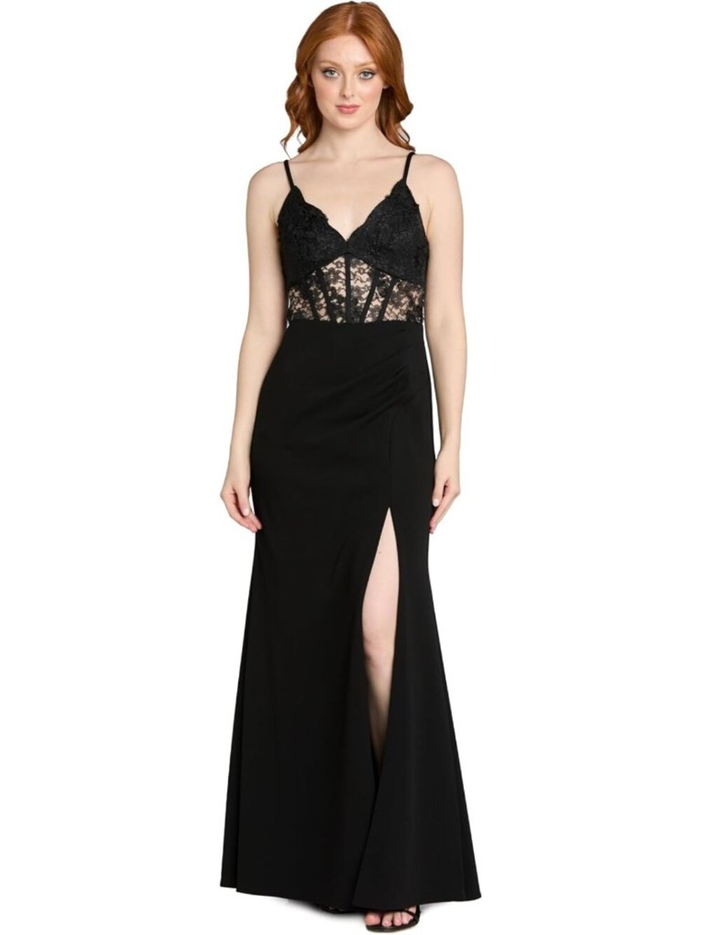 Glitter Lace Corset Gown with Scalloped Bodice, Spaghetti Straps & Satin Slit